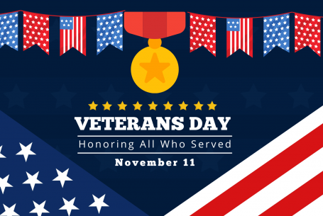 American flags with text Veterans Day Honoring All Who Served November 11