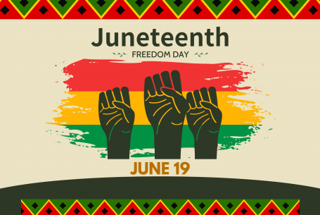 illustration of raised fists with text Juneteenth Freedom June 19