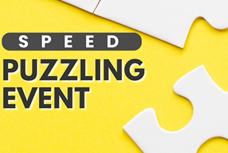 white jigsaw puzzle pieces on yellow background with black text Speed Puzzling Event