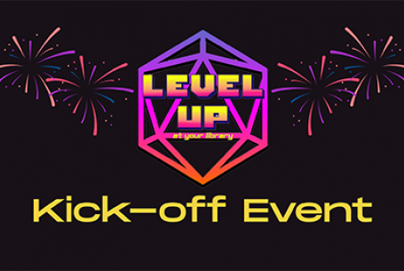 graphic of fireworks and Level Up Summer Reading Program logo with text Kick-off Event