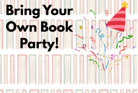 Bring Your Own Book Party text with party hat and confetti