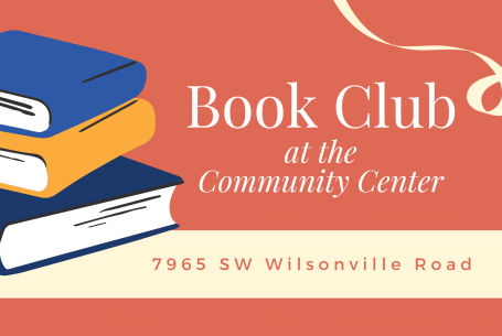 Book Club at the Community Center text with illustrations of books