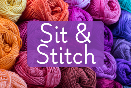 balls of yarn with text Sit & Stitch