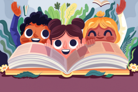 illustration of three children reading a book