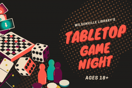 graphic of cards, chess board, dominoes, dice, and meeples with text Tabletop Game Night