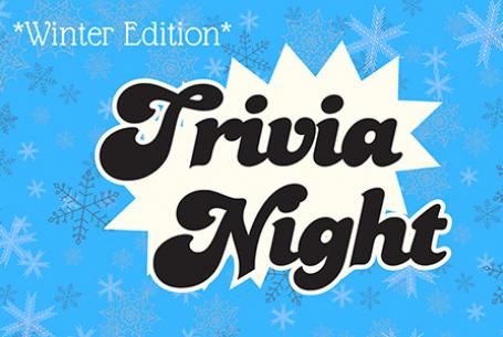 trivia night text on blue background with snowflakes and text winter edition