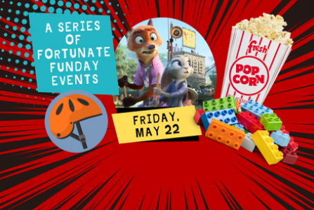 A Series of Fortunate Funday Events text with Zootopia 2 Legos Popcorn and Bike Helmet