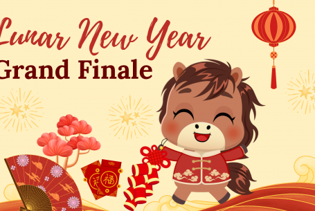 Lunar New Year Grand Finale text with cartoon horse and fireworks