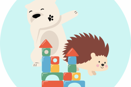 drawing of bear dancing, hedgehog playing with blocks