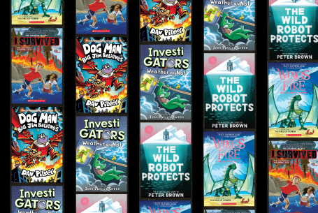 collage of series saturday book covers [Wings of Fire, I Survived, DogMan, Investigators, Wild Robot]