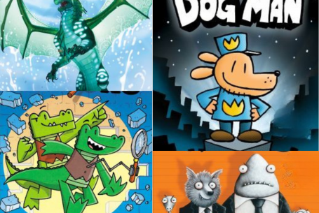 collage of book covers of Wings of Fire, Dog Man, Investigators, and Bad Guys