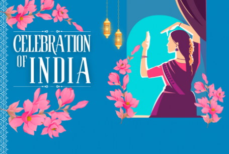 Celebration of India text with illustration of dancer and flowers