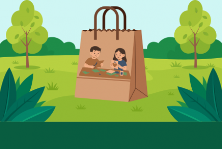 spring landscape with craft bag featuring two kids making crafts