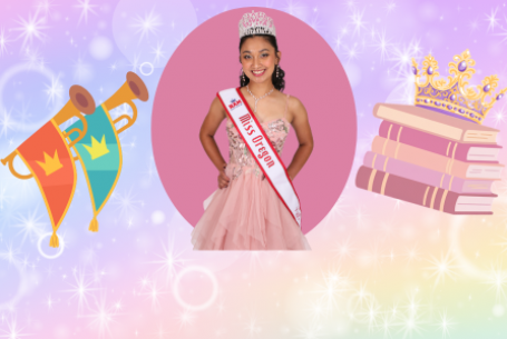 Miss Oregon Junior Teen storytime with Samara D'Souza and royal trumpets, books, and a crown