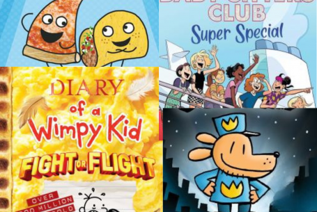 collage of book covers from series Pizza and Taco, Baby-sitters Club, Diary of a Wimpy Kid, and Dog Man