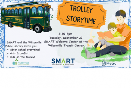 Trolley Storytime text with image of trolley and parent reading with child