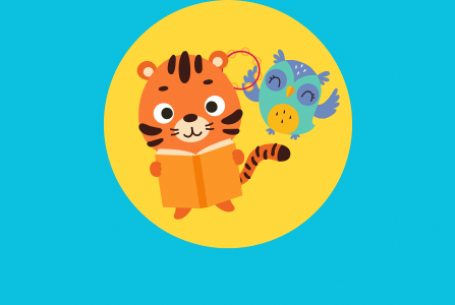 cartoon tiger reads a book to an owl with a tambourine