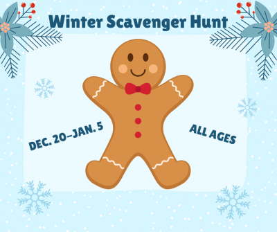 winter scavenger hunt snowy scene with gingerbread man